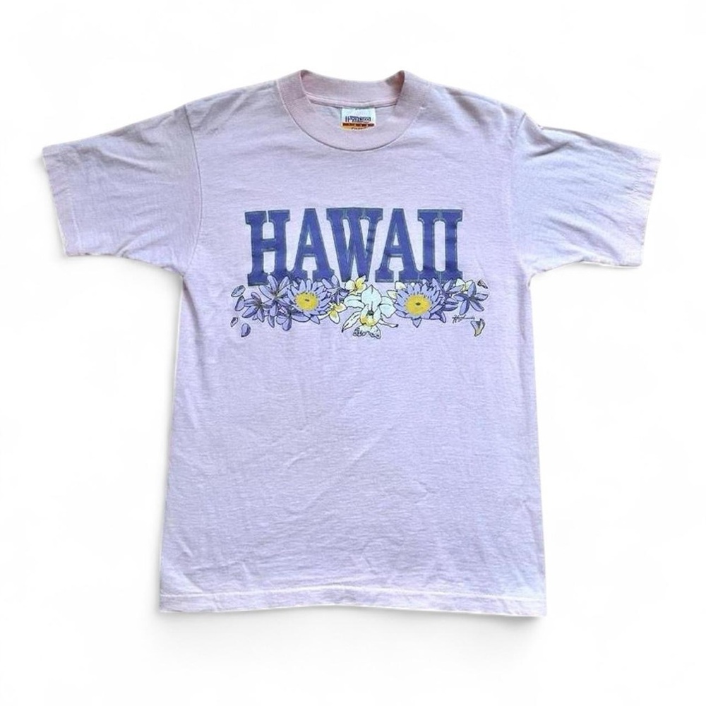 hazel Lavender pink Hawaii Graphic Tee with Blue & Yellow Floral Print S